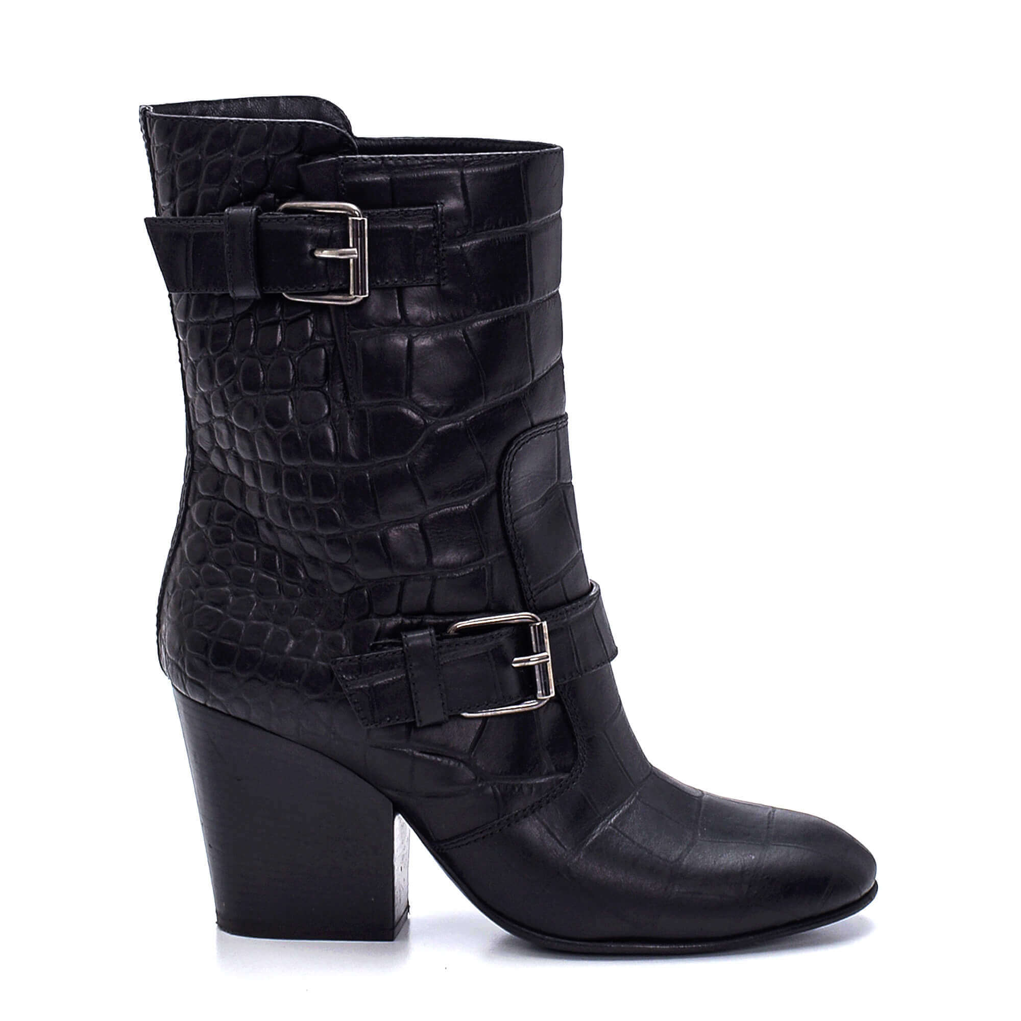 Giuseppe Zanotti - Black Leather Crocodile Embossed Double Buckle Boots